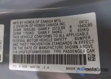2022 Honda Civic Sport from USA, damaged, VIN 2HGFE2F5XNH535660